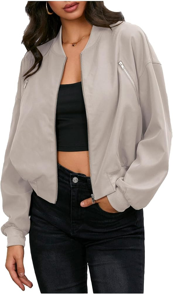 Verdusa Women's Cropped Bomber Jackets Casual Lightweight Jacket Zip Up Long Sleeve Coat Fall Jac... | Amazon (US)