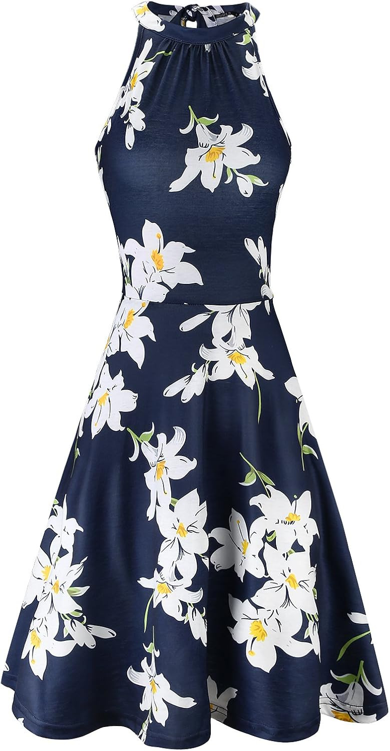 OUGES Women's Halter Neck Floral Summer Casual Sundress | Amazon (US)
