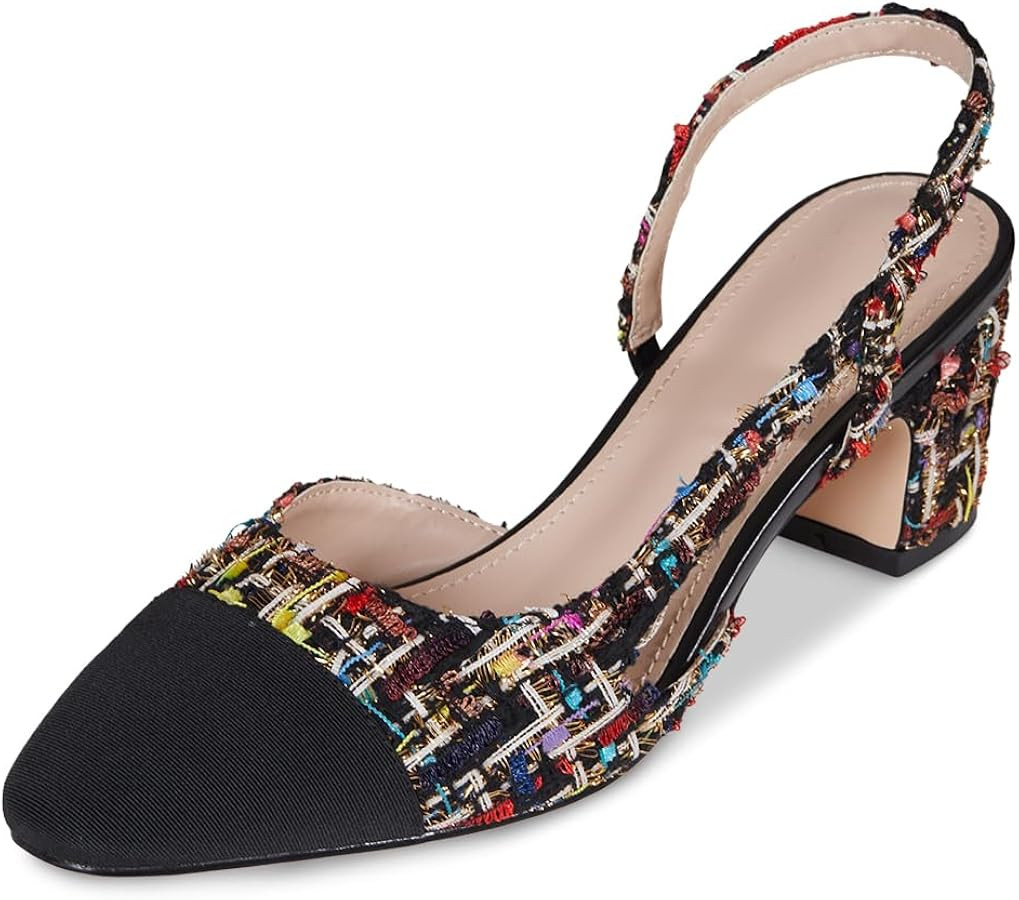 LinnOaks Slingback Heels for Women Round Closed Toe Pumps Two Tone Chunky Mid Heel Wedding Party ... | Amazon (US)