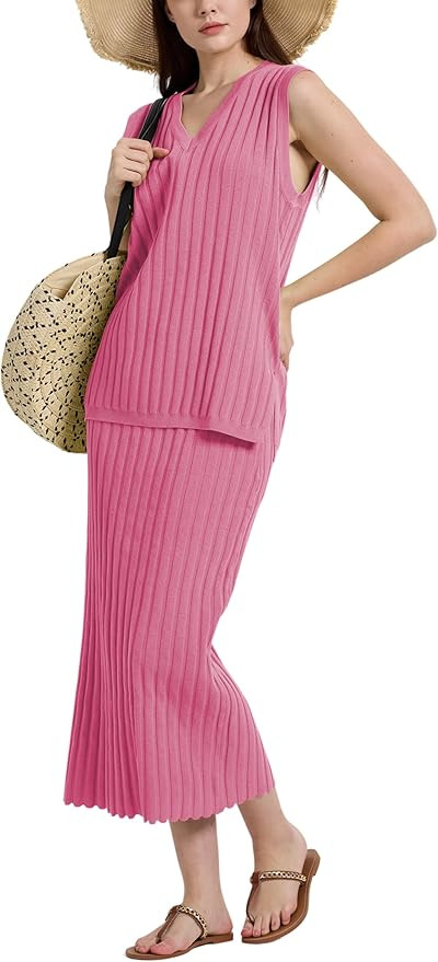 SCUSTY Women's 2 Piece Sweater Skirt Sets Sleeveless V Neck Knit Ribbed Vest Tops Midi Skirt | Amazon (US)