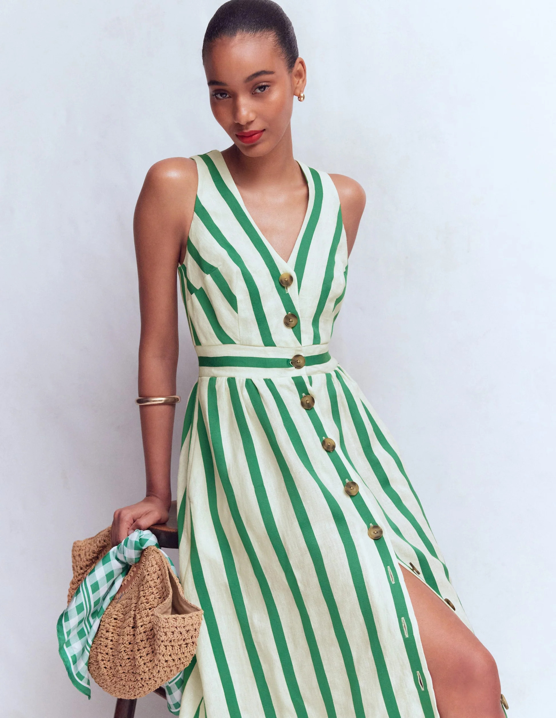 Catherine Button Linen Dress-Ivory and Green Satin Stripe | Boden (US)