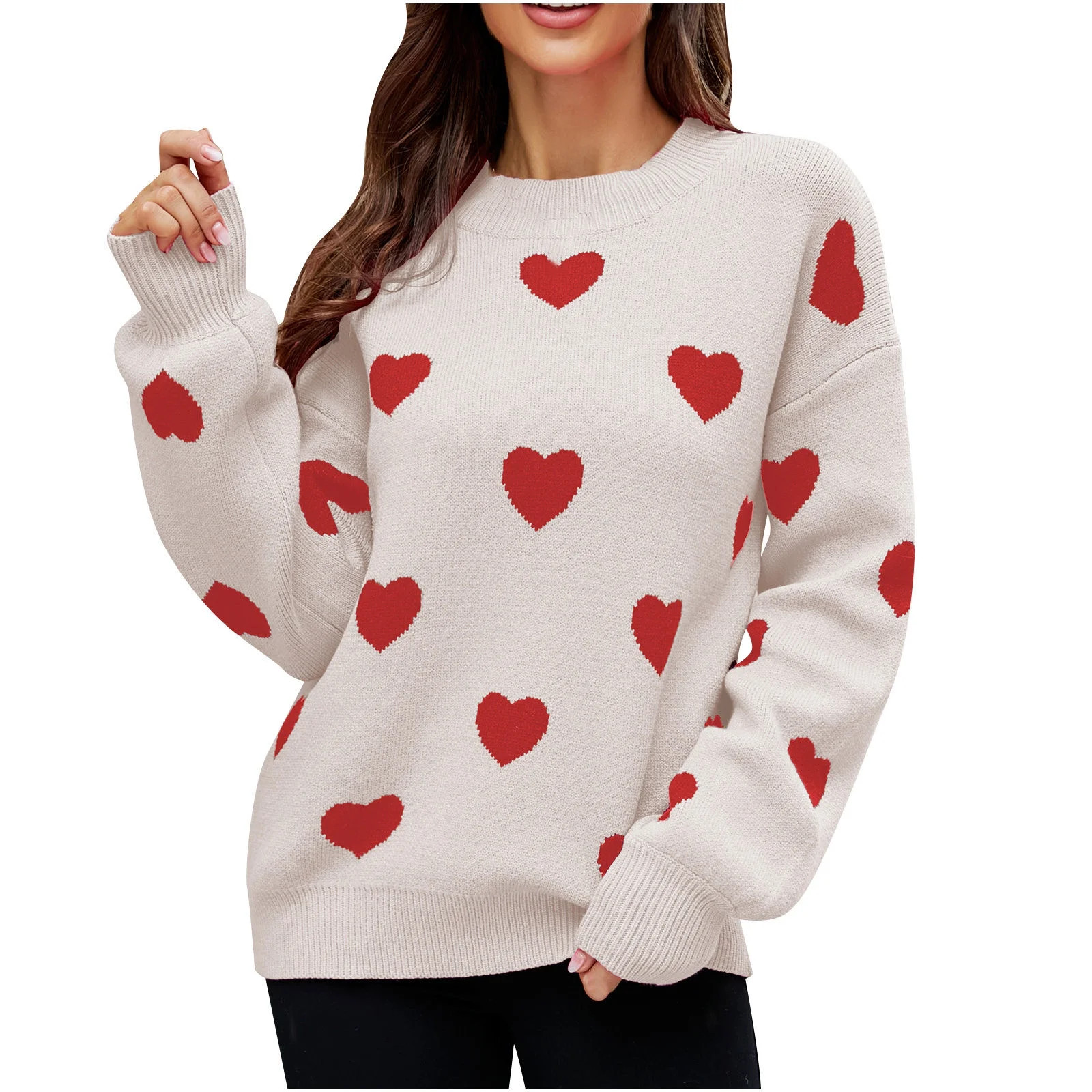 HAPIMO Savings Womens Cute Heart Sweater Fall Fashion Round Neck Long Sleeve Pullover Casual Knit... | Walmart (US)