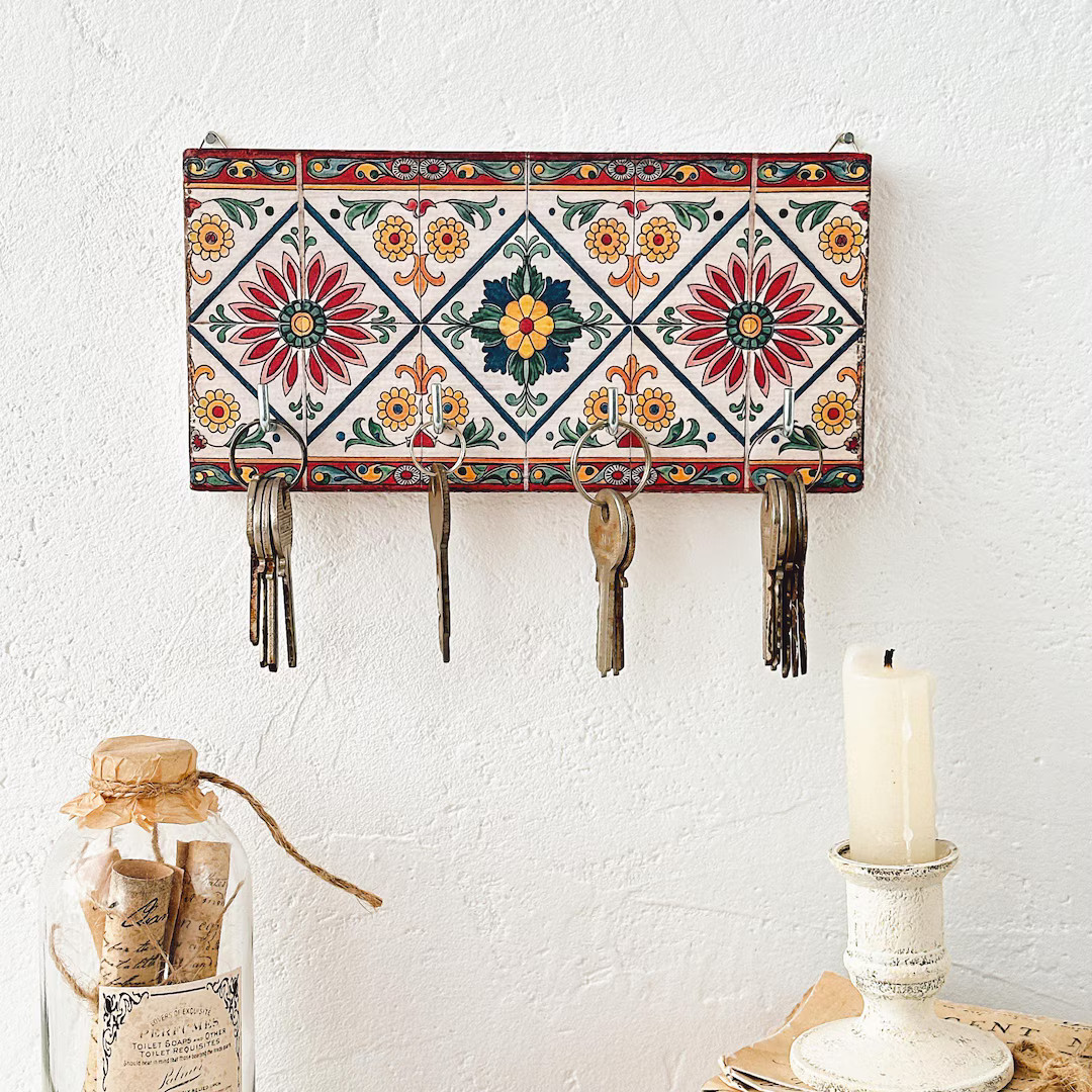 Key Holder for Wall – Colorful Mediterranean Rustic Wall Decor – Small Wooden Organizer With ... | Etsy (US)