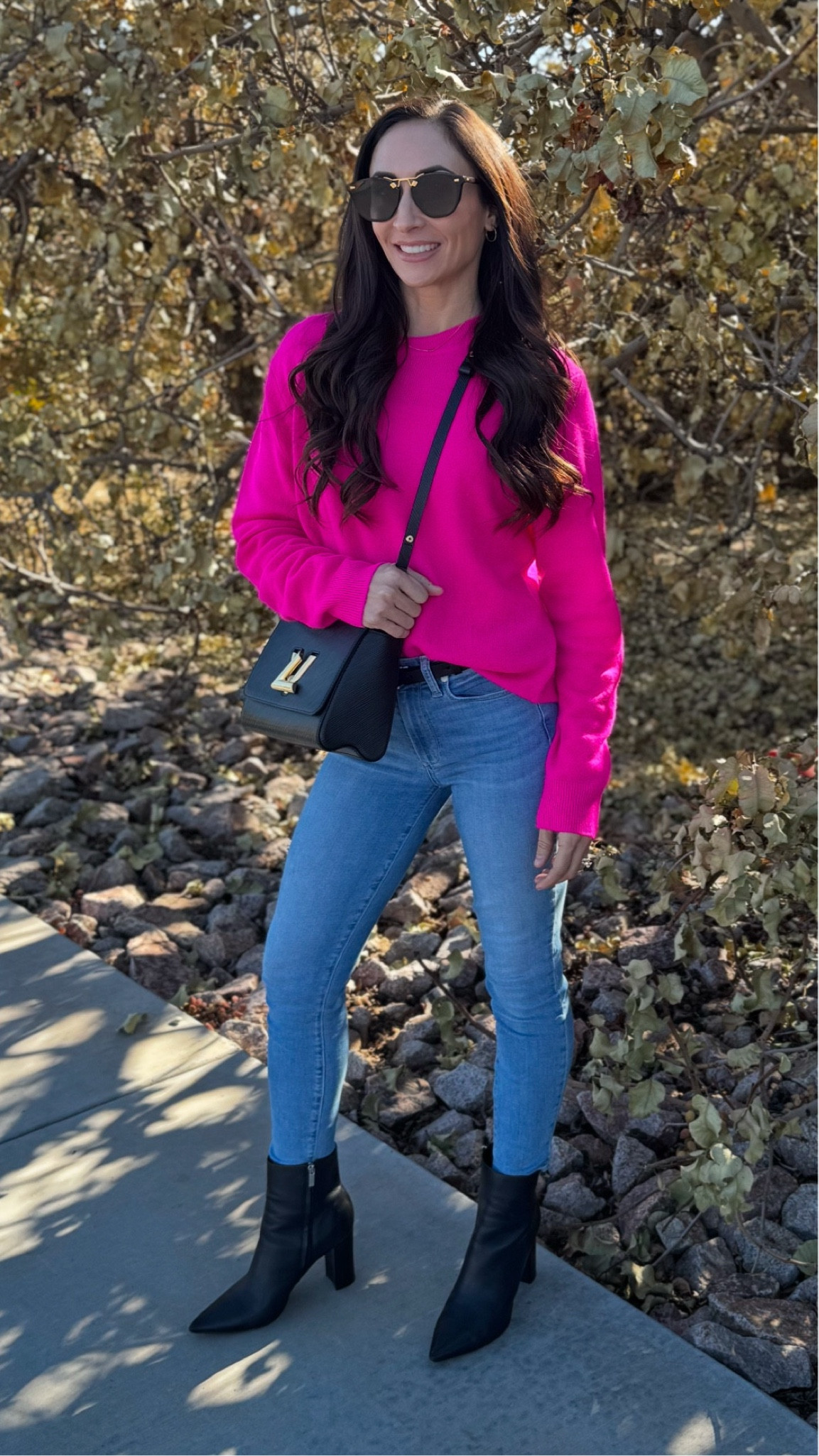 Went completely out of my neutral colored box and went with this super bright pink sweater from Banana Republic. It has grown on me already.

Cashmere sweater-page skinny jeans-light blue denim-Mark Fisher booties-black booties-black boots-look for less sunglasses

#LTKStyleTip #LTKSeasonal #LTKHoliday