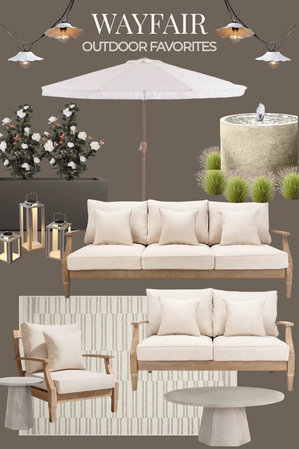 #ad ☀️ Patio season is fast approaching and I’m getting mine ready with all things @Wayfair  #wayfair #wayfairpartner #wishyouwerehere #outdoor 
Outdoor furniture | faux outdoor plants | outdoor rug | Loloi rug | Wayfair finds | outdoor sofa | outdoor fountain | market umbrella | patio decor | solar lanterns | string lights | planter | outdoor coffee table | outdoor size table 

#LTKSaleAlert #LTKHome #LTKSeasonal