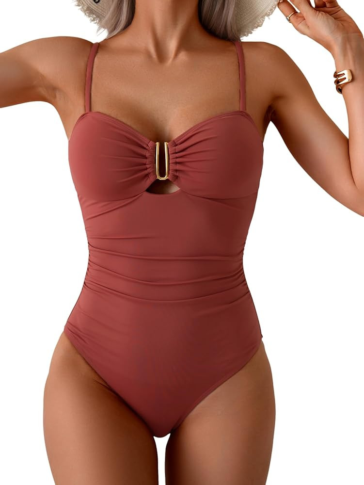 Eomenie One Piece Swimsuit for Women Tummy Control Ruched Bathing Suit Cutout U Wire Swim Suits | Amazon (US)
