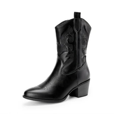 DREAM PAIRS Cowboy Boots for Women, Mid Calf Cowgirl Boots with Embroidery Round Toe Western Chunky Low Heel Shoes | Walmart (US)