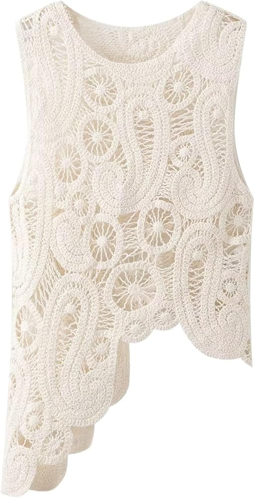 Women Asymmetric Sweater Vest Casual Female O-Neck Sleeveless Knitted Hollow Out Sweet Tank Tops | Amazon (US)