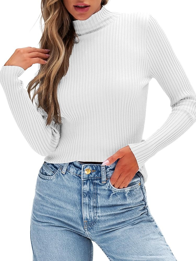Anbech Womens V Neck Knit Sweaters Long Sleeve Turtleneck Slim Fit Basic Fall Tops | Amazon (US)