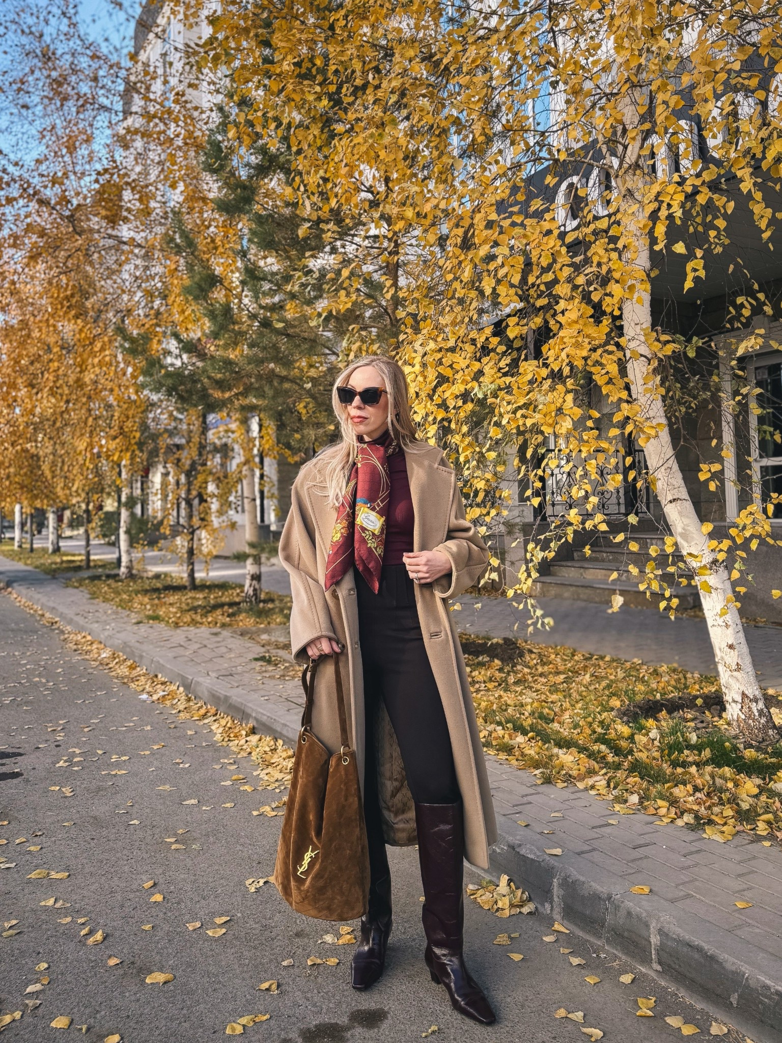 Camel coat fall outfit, Max Mara camel coat, Gucci burgundy silk scarf, Zara sculpting high waist brown leggings, burgundy leather boots, suede Saint Laurent bucket bag

#LTKSeasonal #LTKItBag #LTKShoeCrush