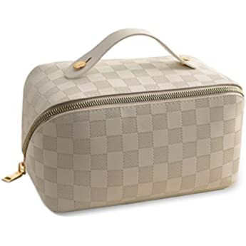 WISAGI Makeup Bag, Checkered Makeup Bag, Cosmetic Bag for Women, Large Capacity PU Leather Travel... | Amazon (US)