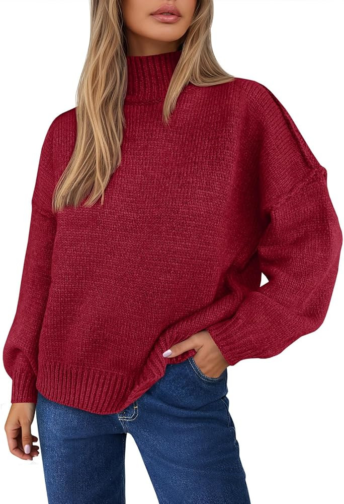 Saodimallsu Womens Mock Neck Sweater Tops Long Lantern Sleeve Fall Casual Loose Knit Basic Pullov... | Amazon (US)