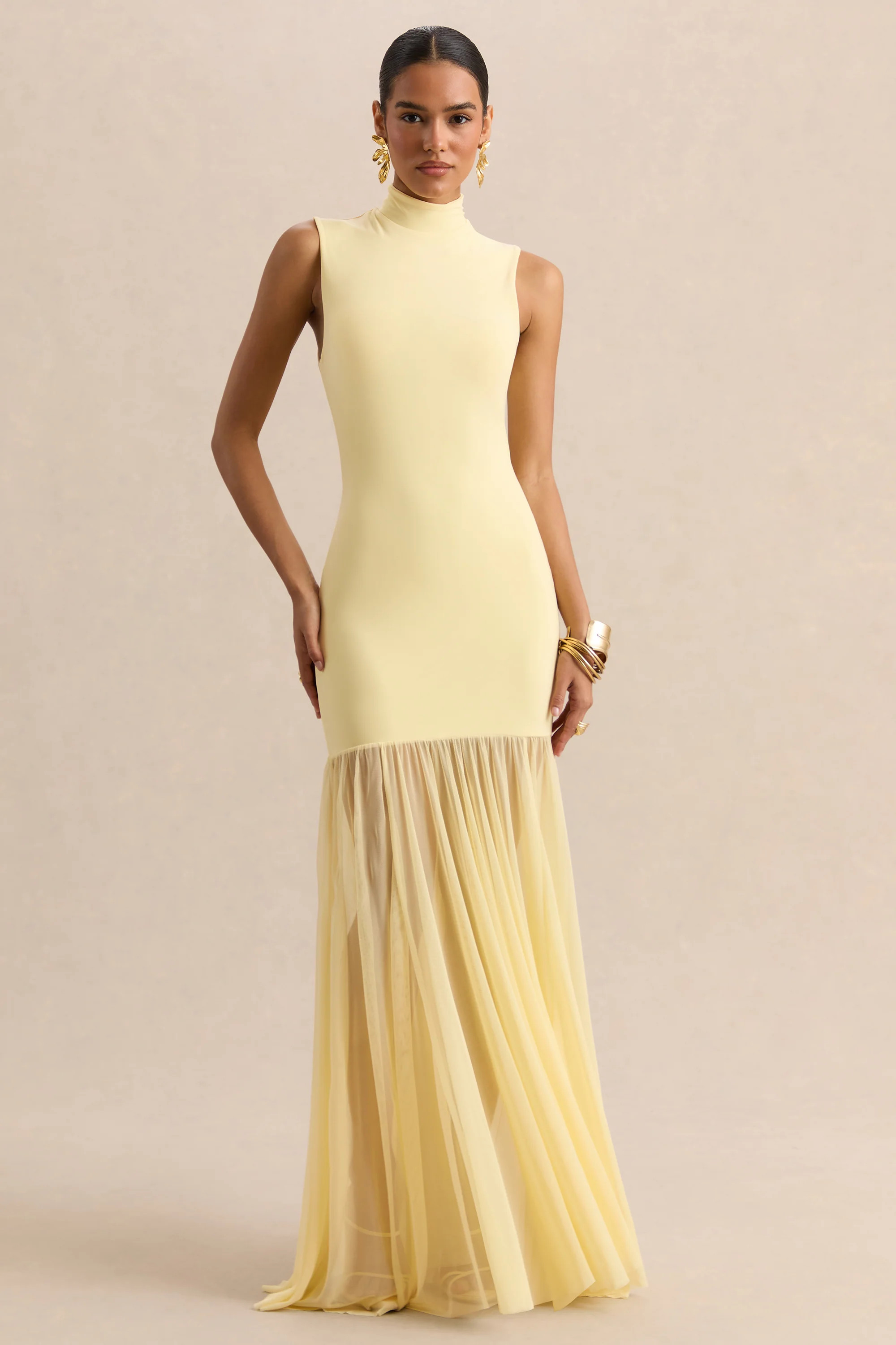 Felina | Lemon High-Neck Maxi Dress With Sheer-Skirt | Club L London