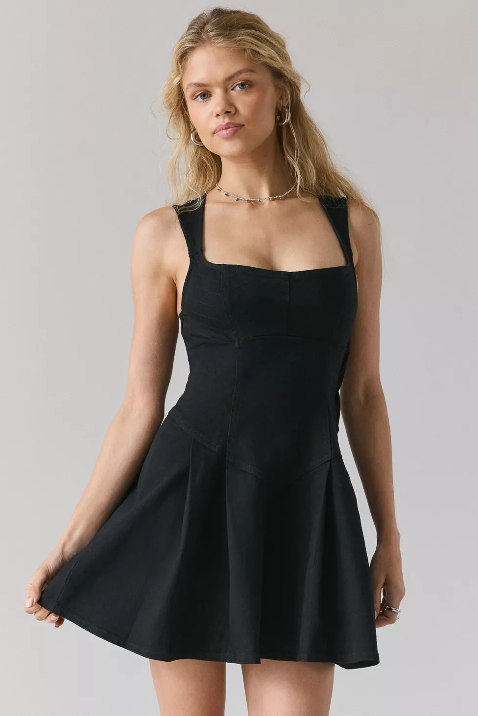 BDG Leah Denim Pleated Open-Back Drop Waist Mini Dress | Urban Outfitters (US and RoW)