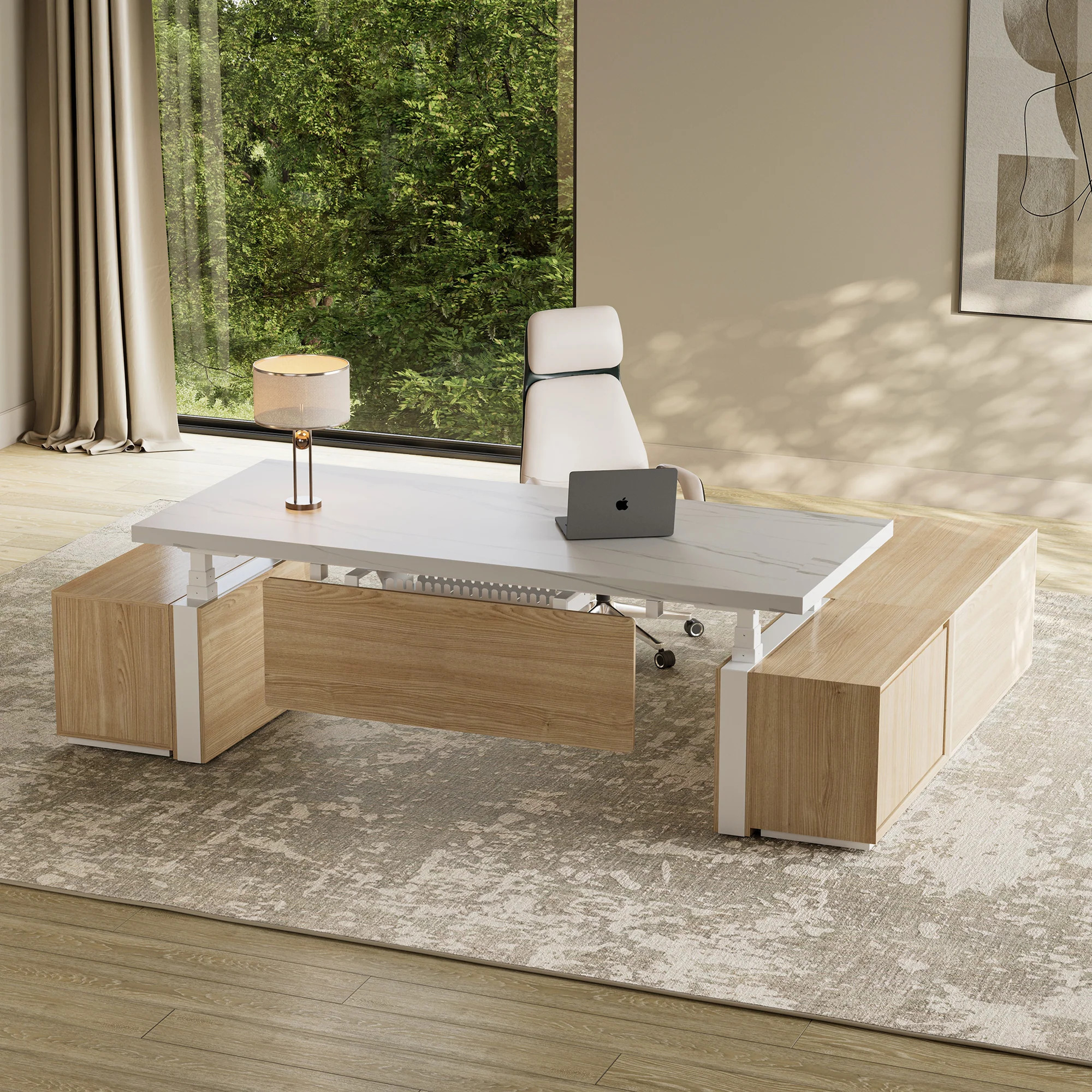 Zen Pro Series, 87"/72" Executive Standing Desk with Cabinets Set - White & Maple / Heated / 87'' | Eureka Ergonomic
