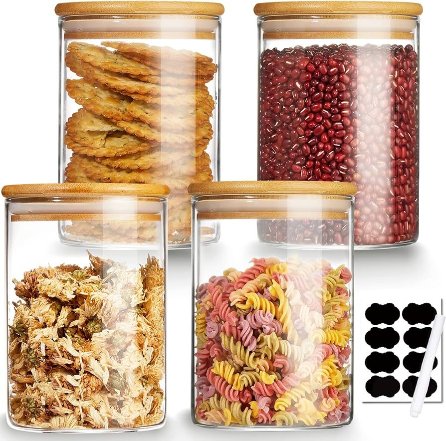 Mfacoy 4 Pack Glass Storage Jars with Airtight Bamboo Lid, 27 OZ Glass Canisters Set with Labels,... | Amazon (US)
