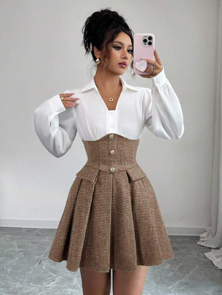 Elenzga Women's Heterogeneous Fabric Patchwork V-Neck Gathered Long Sleeve A-Line Waist Cinched M... | SHEIN