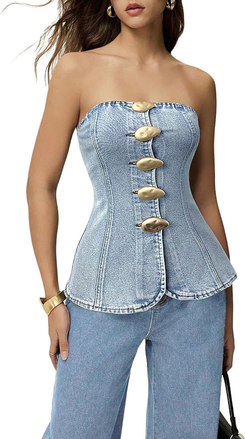 Floerns Women's Strapless Metal Button Front Tube Top | Amazon (US)