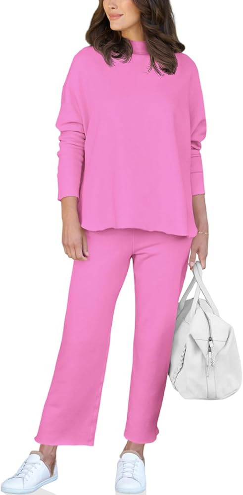Fisoew Women's 2 Piece Outfits Mock Neck Long Sleeve Sweatshirt High Waist Lounge Pants Loose Tra... | Amazon (US)