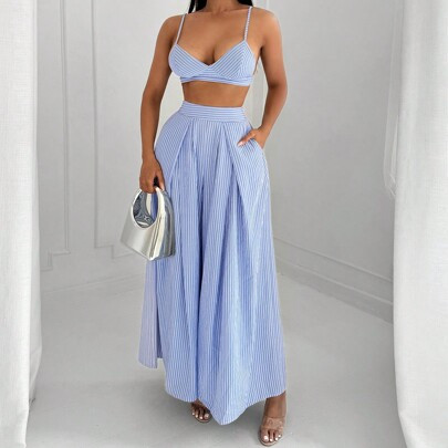 Summer Beach 2pcs Minimalist Commute Sexy Striped Camisole Top And Pants Set | SHEIN