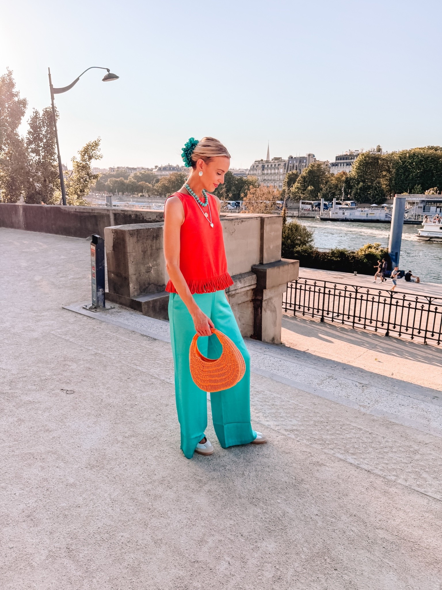 Paris outfit of the day - love this fringe top and turquoise pants!