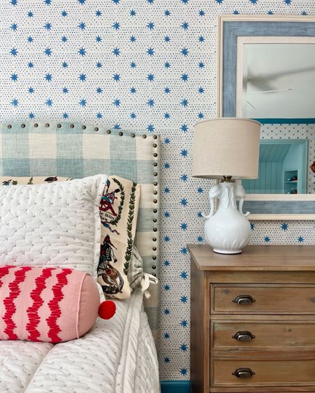 Grandmillennial bedroom decor blue and white stars red bolster pillow wallpaper blue and white 

#LTKHome #LTKFamily #LTKFindsUnder50