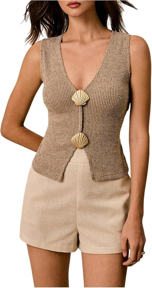 SHENHE Women's Ribbed Sleeveless Sweater Vest Gold Metal V Neck Dressy Going Out Knit Top | Amazon (US)