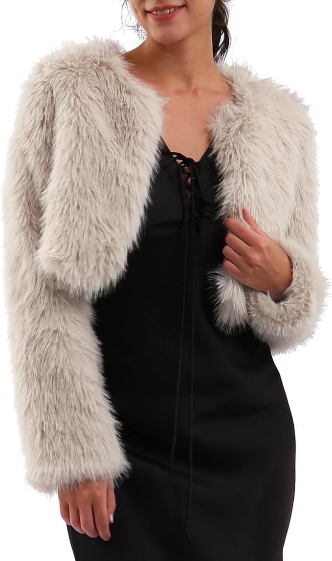 Amazhiyu Womens Faux Fur Cropped Coat Open Front Long Sleeve Winter Jacket | Amazon (US)