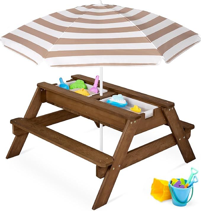 Best Choice Products Kids 3-in-1 Sand & Water Table, Wood Outdoor Convertible Picnic Table w/Umbr... | Amazon (US)