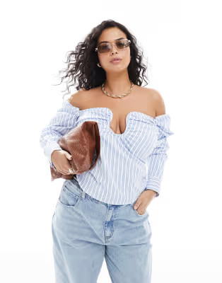 ASOS DESIGN Curve ruched bandeau off shoulder top in stripe | ASOS | ASOS (Global)