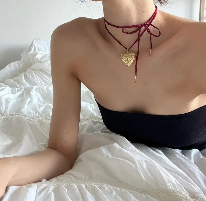 Heart Locket Necklace, Red Silk Bow Choker // 14k 18k Gold Plated Stainless Steel, Locket Charm, ... | Etsy (US)