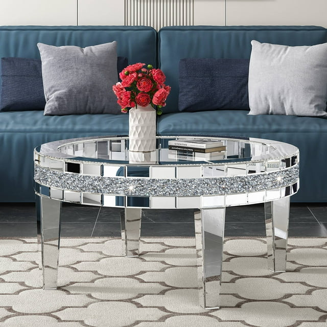 35.5'' Round Glass Top Coffee Table with Crystal Inlay Modern Round Coffee Table Silver Accent Ta... | Walmart (US)