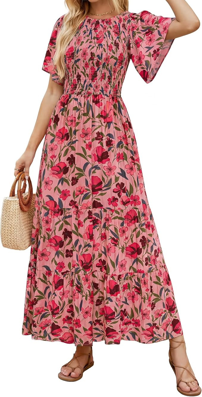 ZESICA Women's Summer Boho Floral Smocked Short Sleeve Maxi Dress | Tiered, Flowy, Elastic Waist,... | Amazon (US)