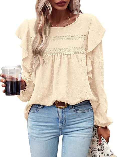 BTFBM Women's Casual Long Sleeve Blouse Ruffle Trim Crew Neck Crochet Loose Swiss Dot Flowy Babyd... | Amazon (US)