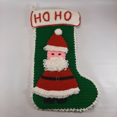 Vtg Crocheted 3D Santa Claus Christmas Stocking Green Red Ho Ho 17" | eBay US