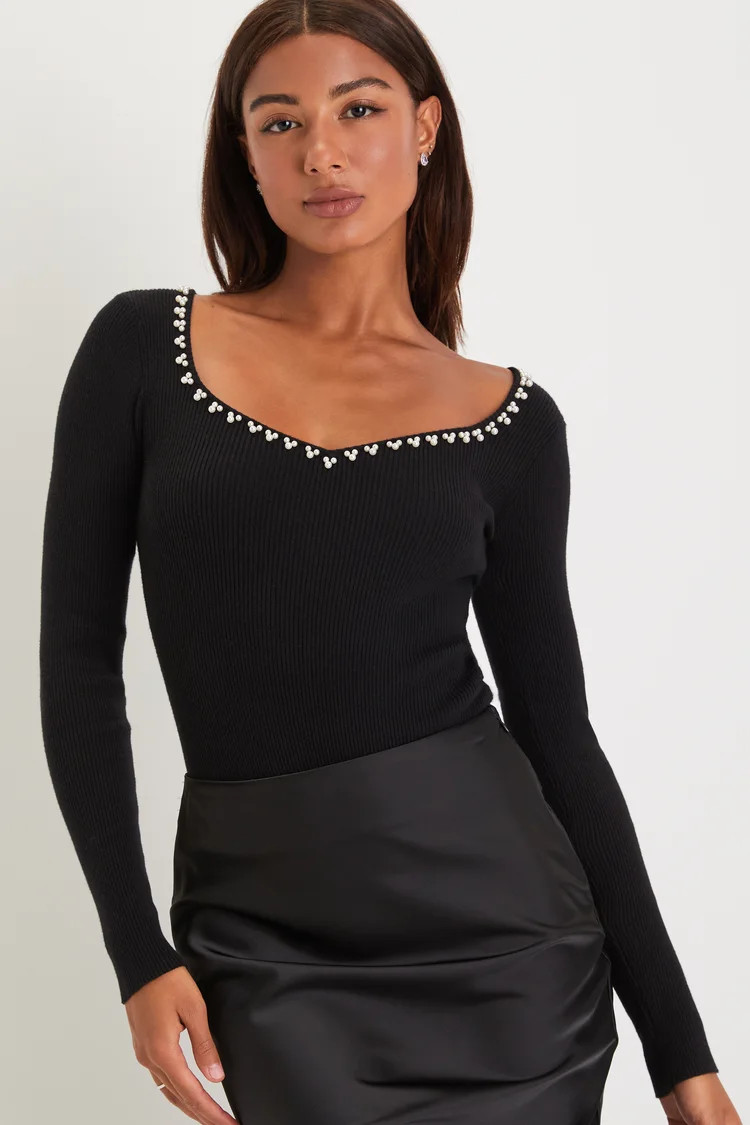 Posh Ease Black Ribbed Knit Pearl Long Sleeve Bodysuit | Lulus (US)