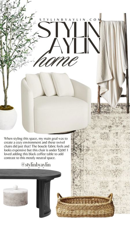 When styling this space, my main goal was to create a cozy environment and these swivel chairs did just that! The boucle fabric feels and looks expensive but this chair is under $300! 1 loved adding this black coffee table to add contrast to this mostly neutral space.

#LTKFindsUnder100 #LTKHome #LTKStyleTip