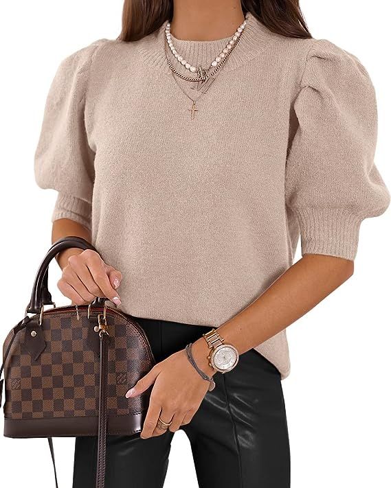 Women's Puff Short Sleeve Sweater Tops Trendy Crew Neck Casual T Shirts Blouses | Amazon (US)