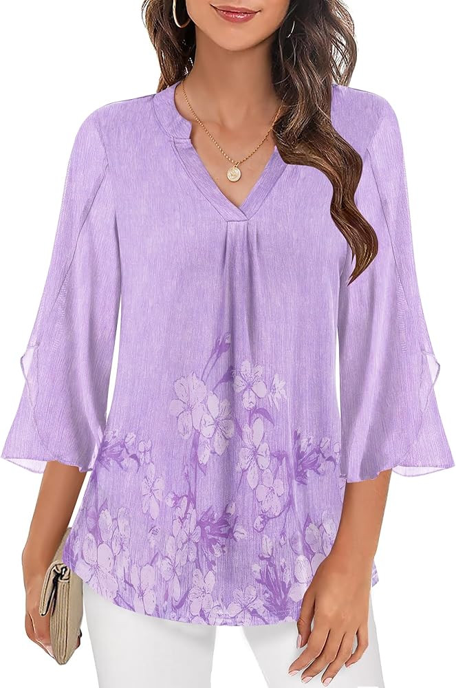 Zeagoo 3/4 Sleeve Tops for Women Ruffle V Neck Mesh Blouses Flowy Floral Loose Work Casual Tunic ... | Amazon (US)