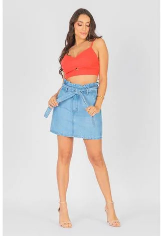 Saia Clochard Jeans Nara Cintura Alta com Cinto | Dafiti (BR)