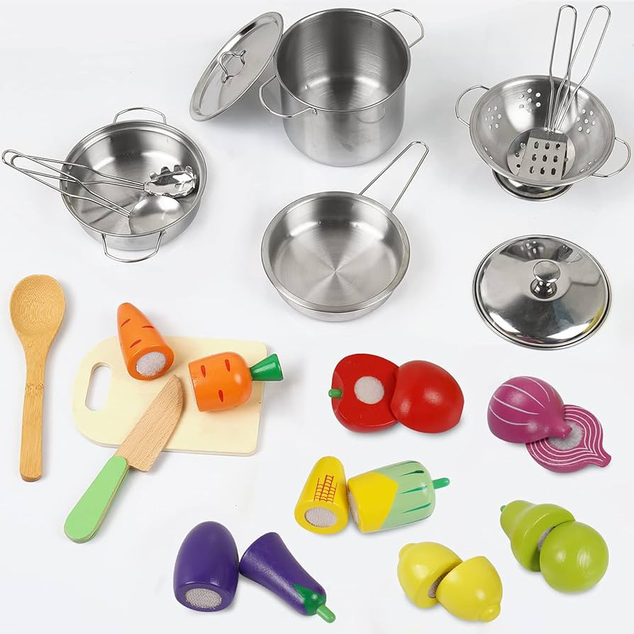 Sundaymot Play Kitchen Accessories, Wooden Play Food, Cooking Set with Stainless Steel Cookware P... | Amazon (US)