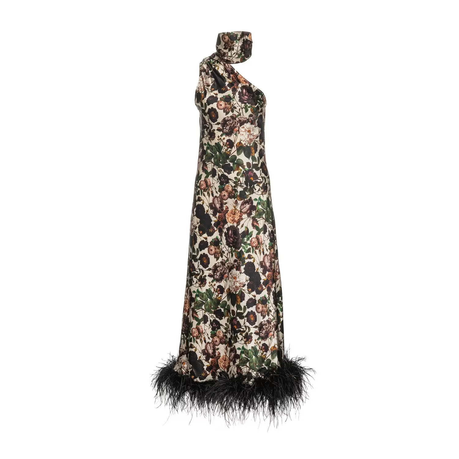 Liya Asymmetric Silky Maxi Dress With Faux Feather | Wolf & Badger