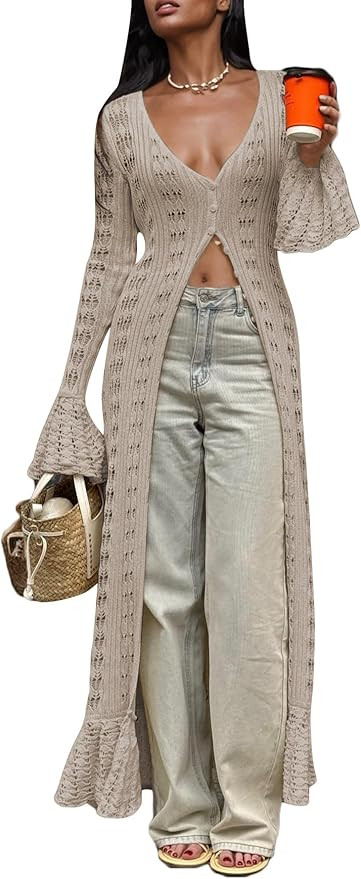 Unybwonn Long Cardigans for Women Crochet Hollow Out Knit Sweater Cover up Maxi Dress Long Sleeve... | Amazon (US)