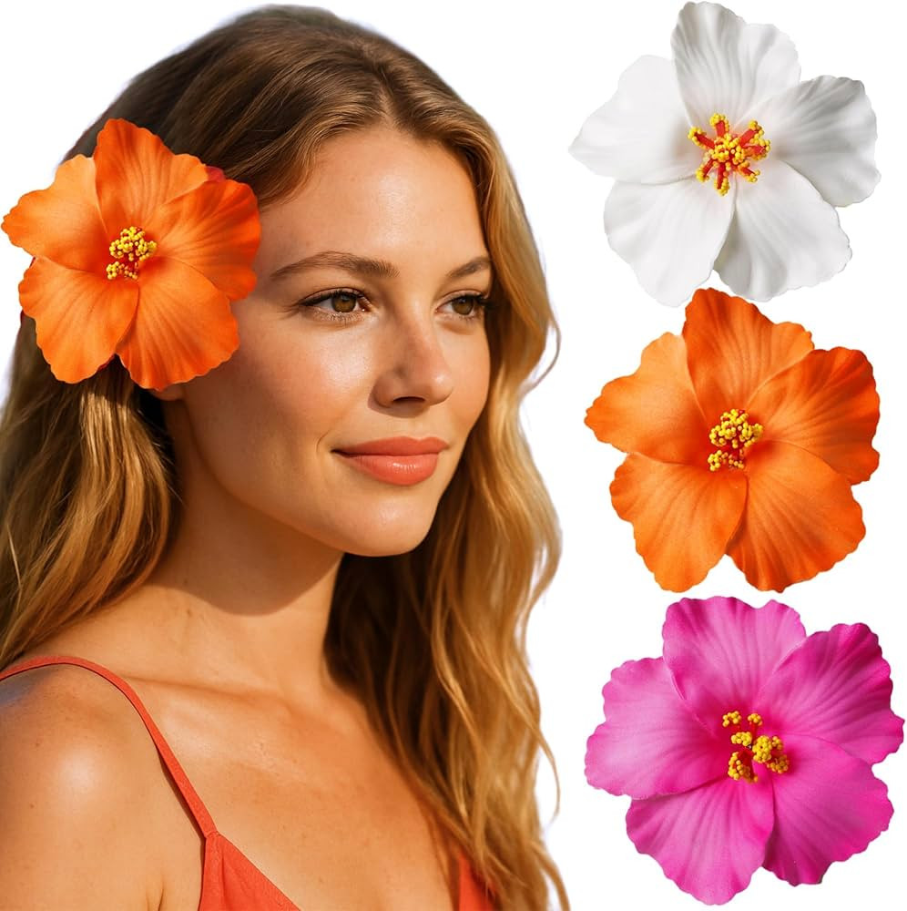 3Pcs Hawaiian Flower Hair Clips, Plumeria Hibiscus Hair Clip for Women | Amazon (US)