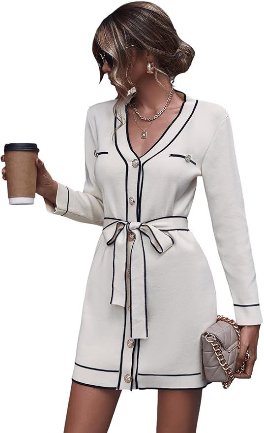 SweatyRocks Women's Long Sleeve V Neck Button Front Dress Elegant Belted Mini Sweater Dresses | Amazon (US)