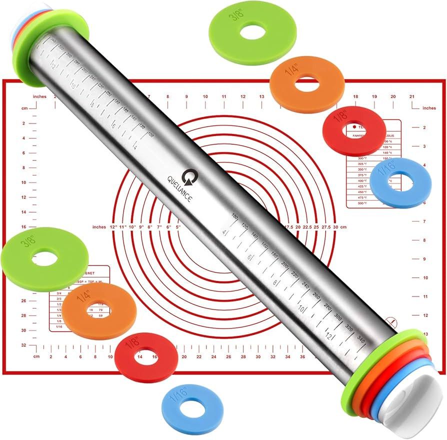 Rolling Pin and Pastry Baking Mat Set, Rolling Pins with Adjustable Thickness Rings, Stainless St... | Amazon (US)