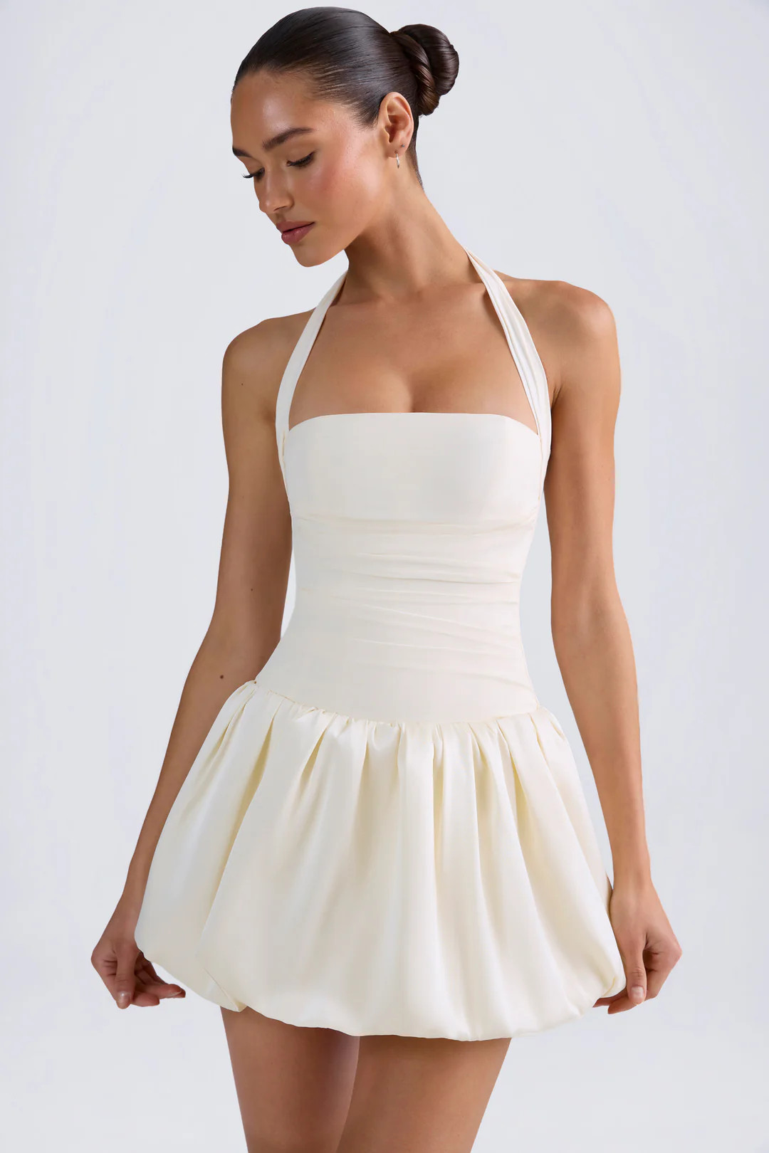 Halterneck Lace-Up Bubble Hem Corset Micro Mini Dress in Ivory | Oh Polly