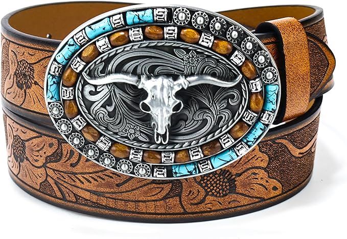 Western Cowboy Cowgirl Leather Belts - Women Men Turquoise Embossed Waist Belts With LongHorn Bul... | Amazon (US)