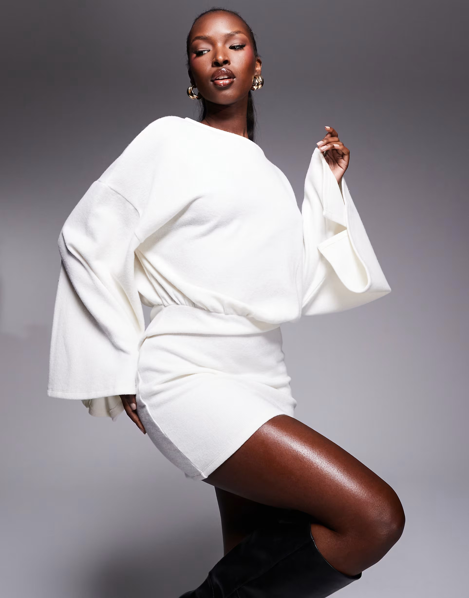 ASOS DESIGN supersoft wide long sleeve blouson mini dress in winter white | ASOS (Global)