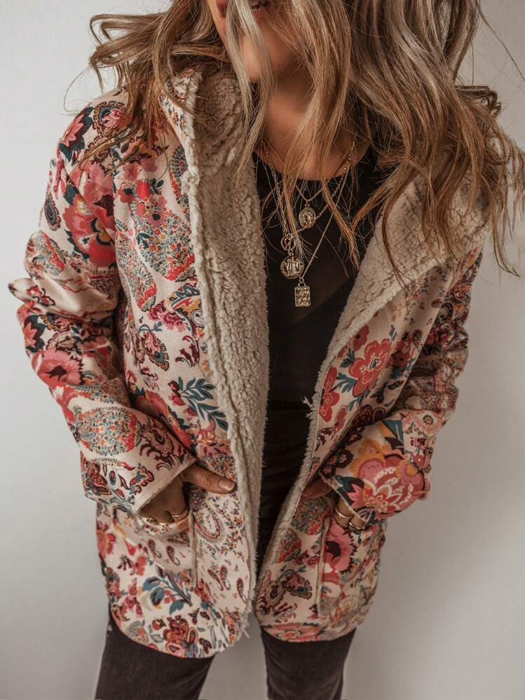 CILKOO Beige Vintage Paisley Floral Printed Sherpa Lined Hooded Jacket | SHEIN